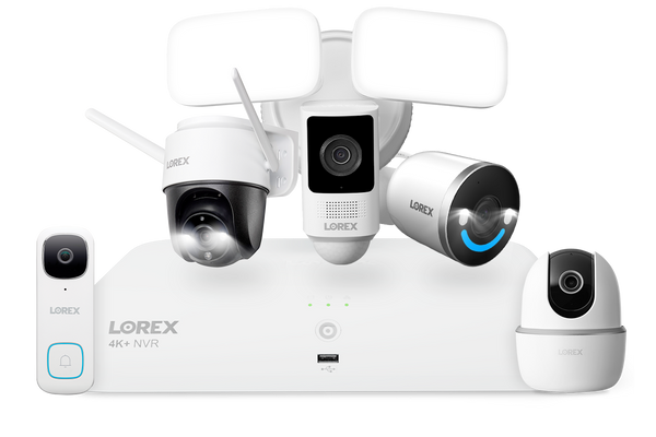 Lorex Wireless Fusion - 4K+ NVR with 2K Wired Doorbell, Outdoor Pan-Tilt Camera, Wi-Fi Floodlight Camera, Two 4K Wi-Fi 6 Outdoor Cameras and Two Indoor Pan-Tilt Cameras