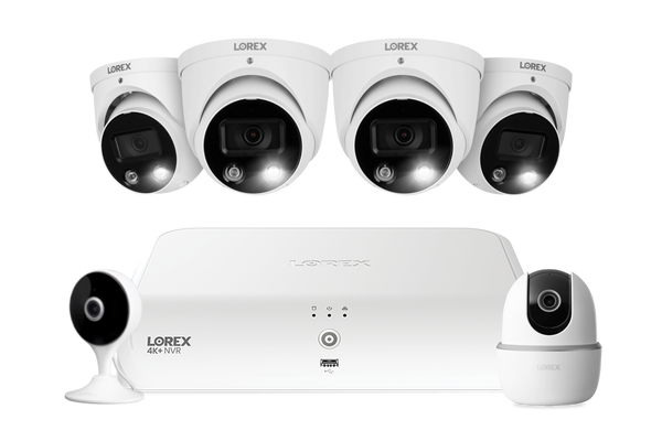 Lorex Fusion 4K 16 Camera Capable (8 Wired + 8 Fusion Wi-Fi) 2TB NVR System with Four H13 IP Dome Cameras, One 2K Pan-Tilt Cmaera, and One 2K Indoor Wi-Fi Camera