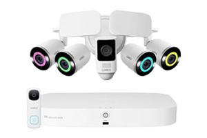 Fusion Wired & Wi-Fi Security System with IP cameras, NVR, video doorbell and floodlight cameras on transparent background